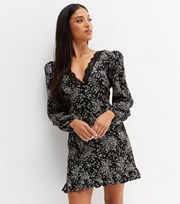 New Look Petite Black Mixed Floral Crinkle Long Sleeve Lace Trim Mini Dress